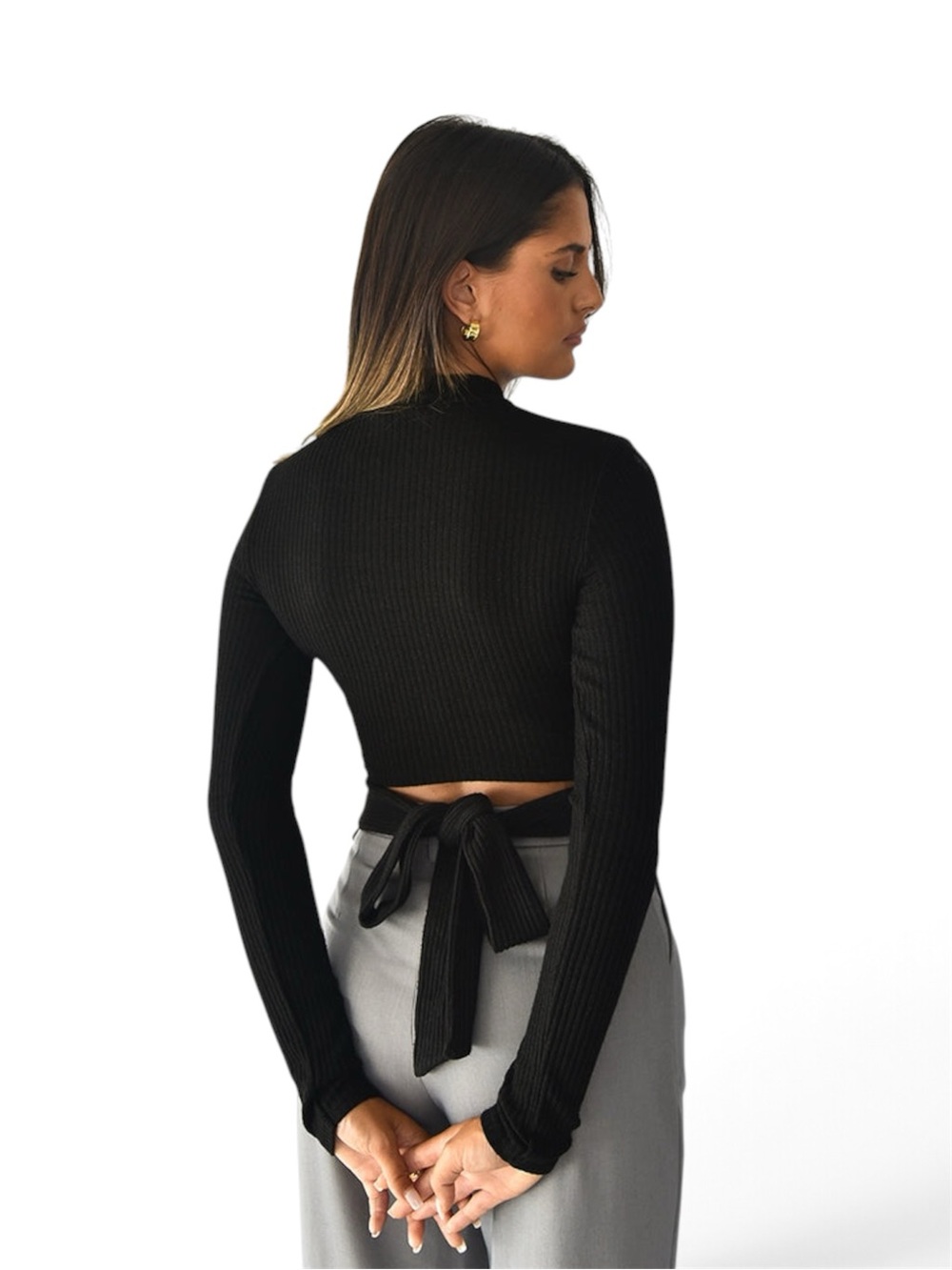 Dynamite Black Ribbed Mock Neck Open Back Tie Crop Knit Sweater Top Size P/S EUC